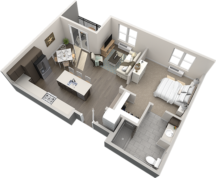3D floor plan of a one-bedroom apartment at Thrive Senior Living, featuring a kitchen, dining area, living room, bedroom, bathroom, and a small balcony.
