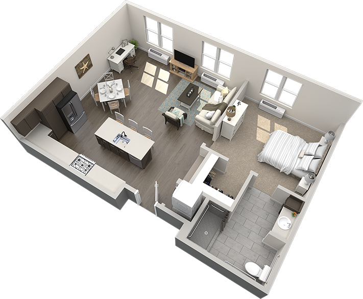 3D floor plan of a modern studio apartment featuring an open kitchen, dining area, living space, bedroom, and bathroom with a separate shower and toilet.