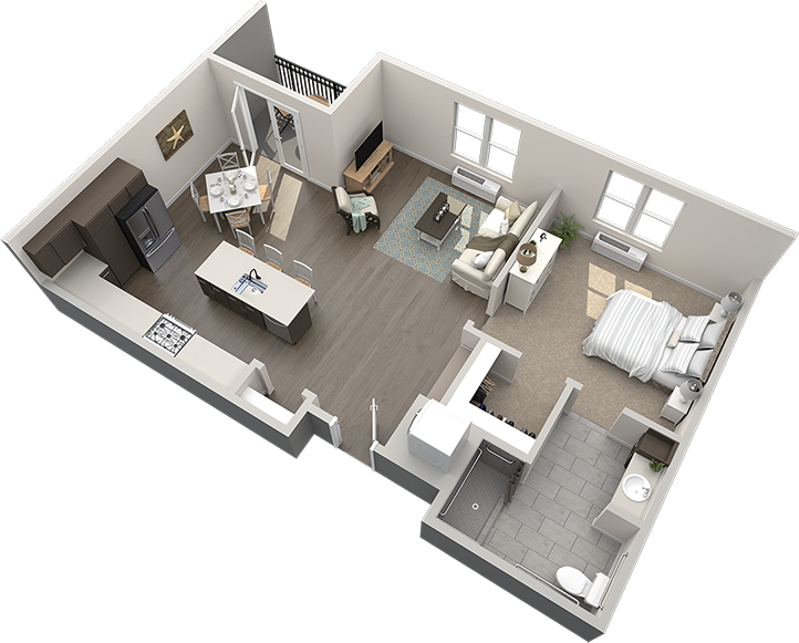 3D floor plan of a one-bedroom apartment at Thrive Senior Living, featuring an open kitchen, dining and living area, separate bedroom, bathroom, and complete with furnishings and appliances.