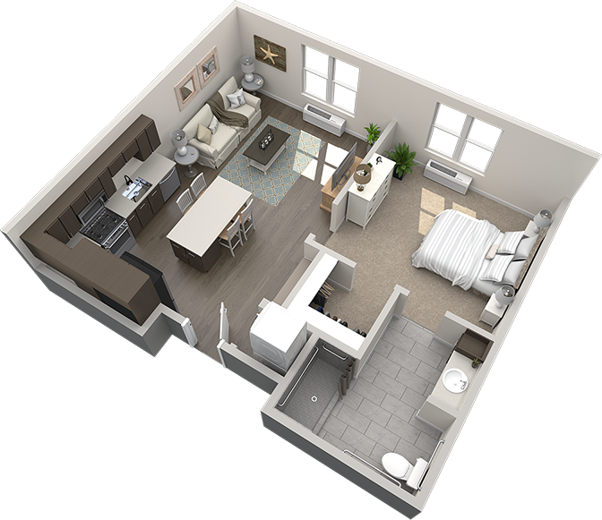 3D floor plan of a studio apartment at Thrive Senior Living, featuring a kitchen, living area, bedroom, bathroom, and a small entryway.